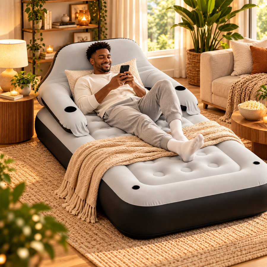 Relaxing on the inflatable lounge chair in a cosy living room
