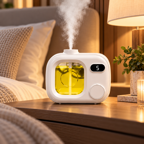 Aroma diffuser with digital display and see-through tank on a bedside table
