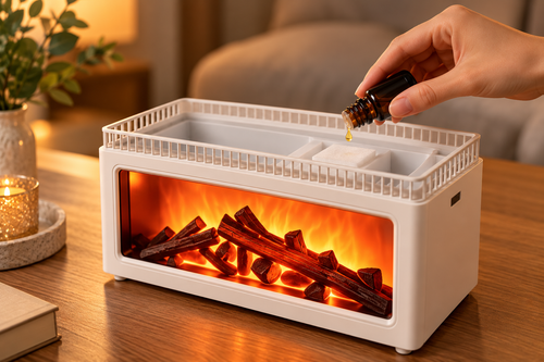 Aroma oil being added to the white flame-effect aroma diffuser