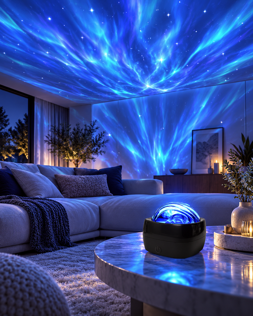 Aurora light projector filling a living room ceiling with blue light and stars
