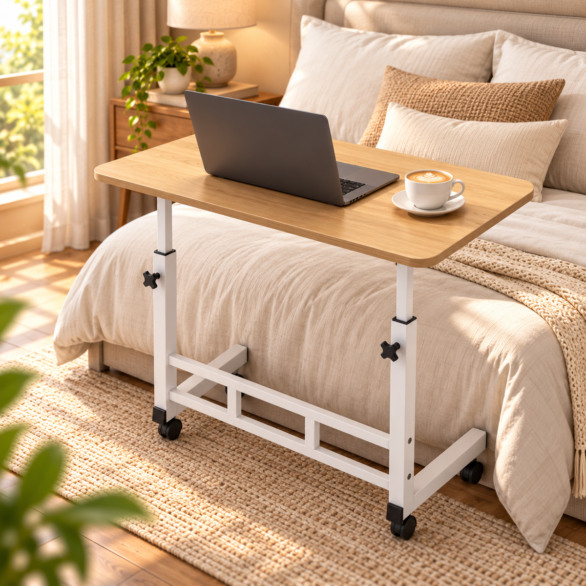 Rolling laptop and bedside table with a wood-look top beside a bed