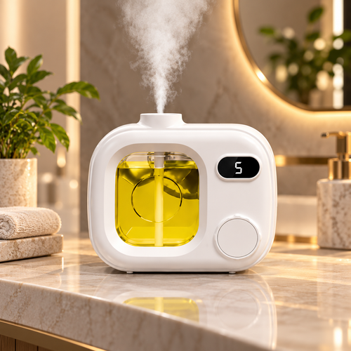 Aroma diffuser with digital display on a marble bathroom counter