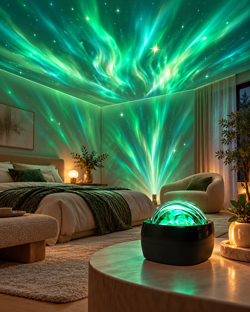 Aurora light projector casting green light across a bedroom ceiling