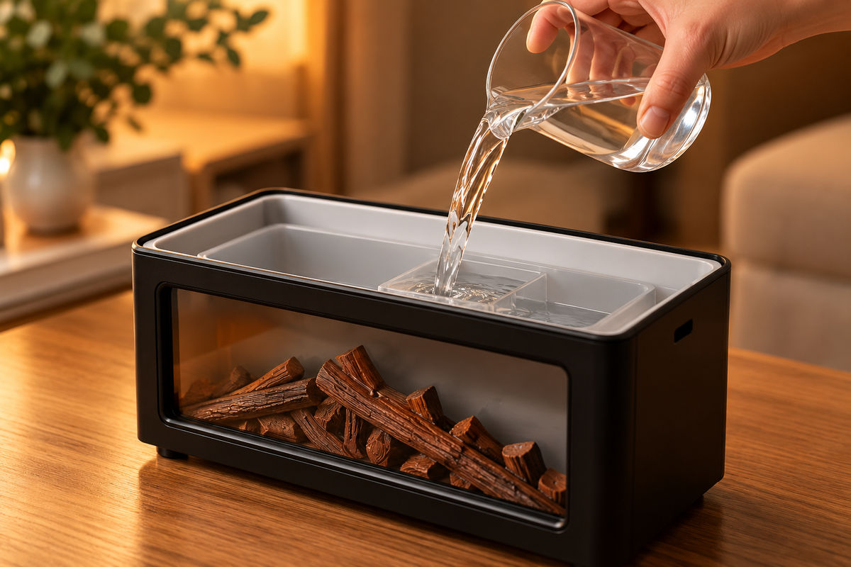 Black flame-effect aroma diffuser being filled with water