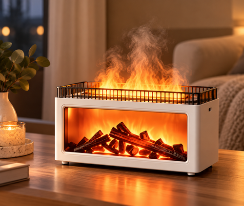 White flame-effect aroma diffuser with lit mist above the decorative logs