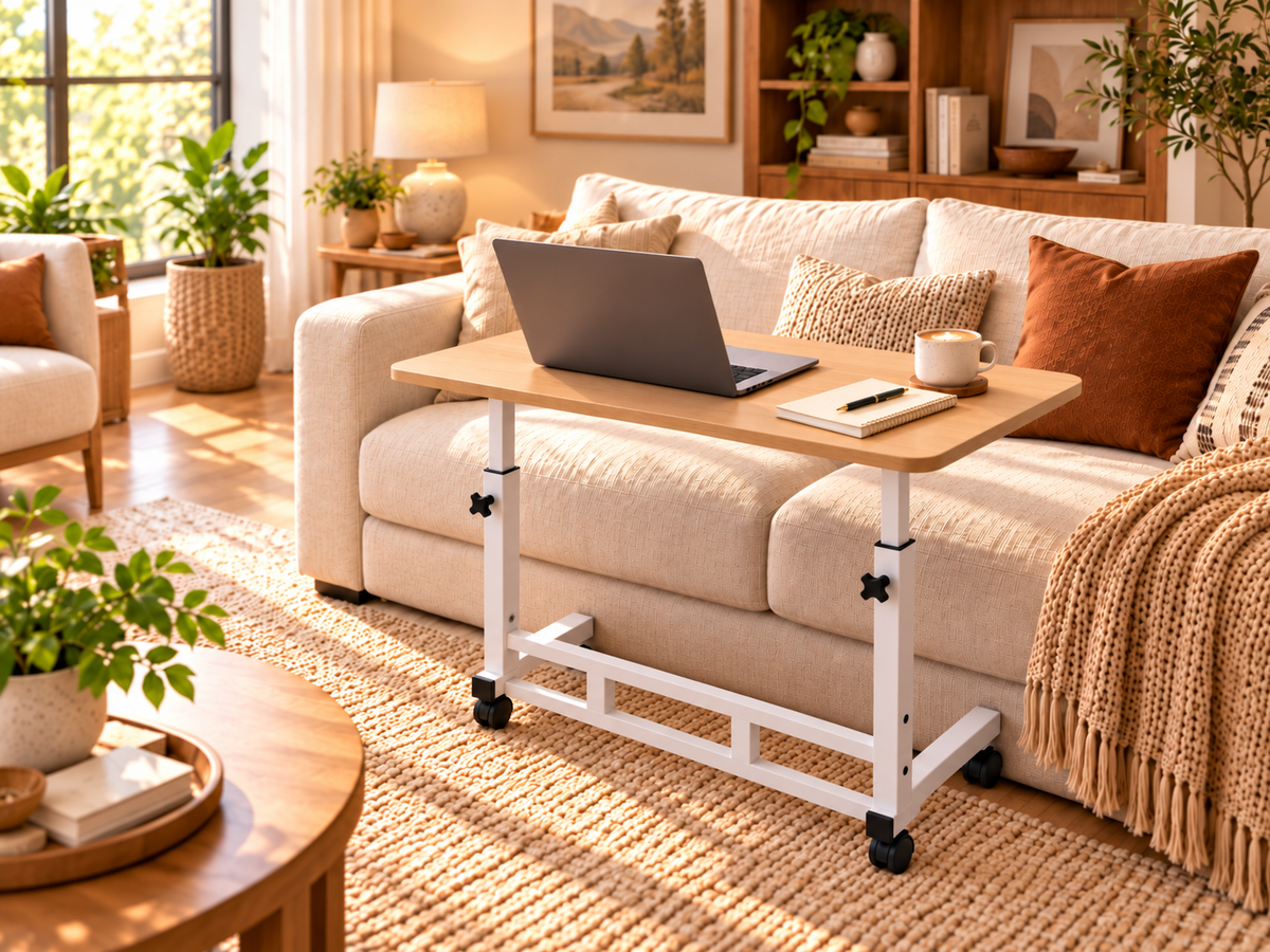 Rolling laptop table positioned over a sofa in a bright living room