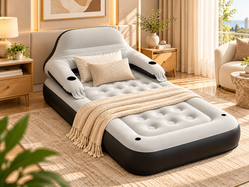 Inflatable lounge chair with raised backrest, wide armrests and cup holders