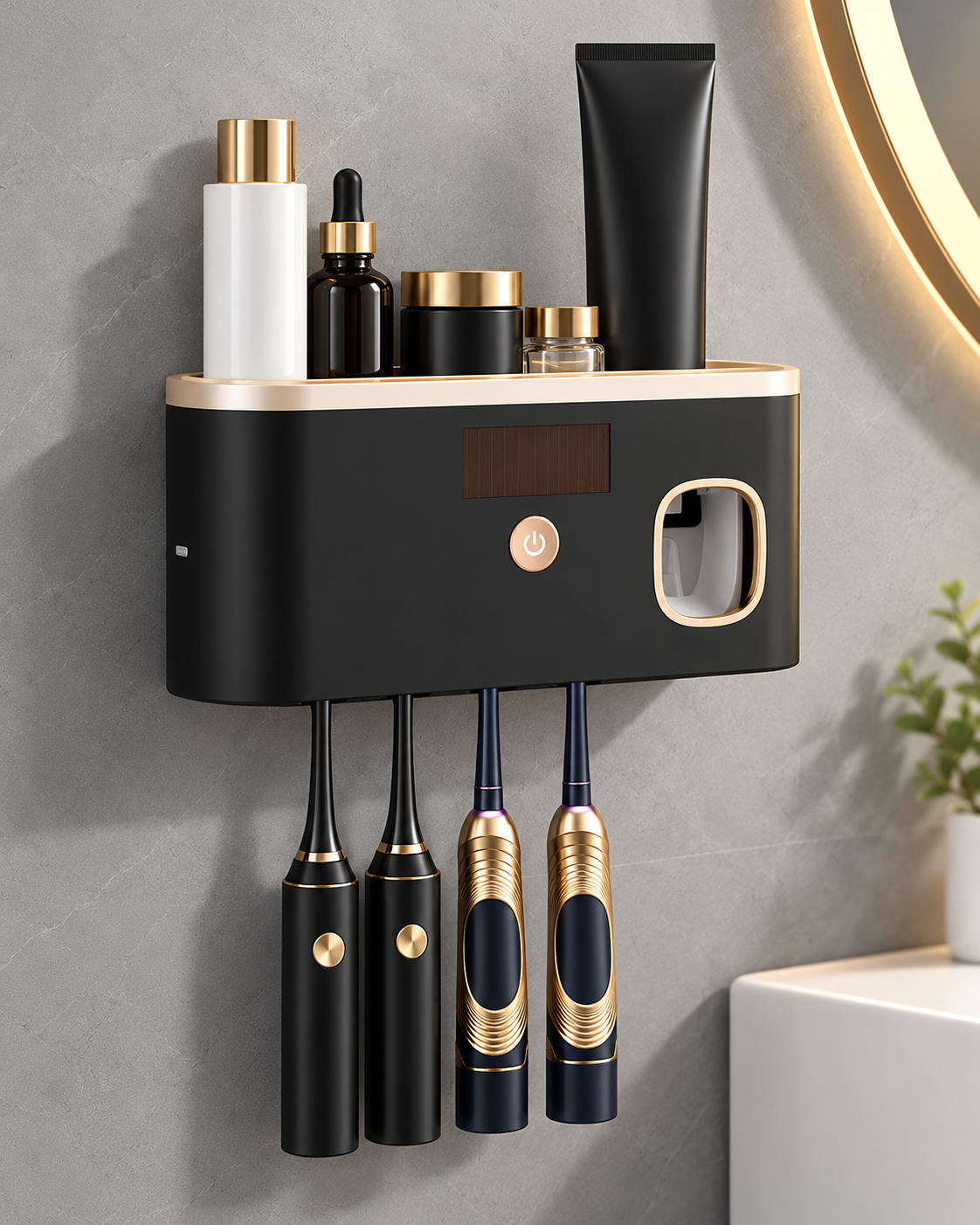 Black wall-mounted bathroom organizer with toothpaste dispenser and top shelf