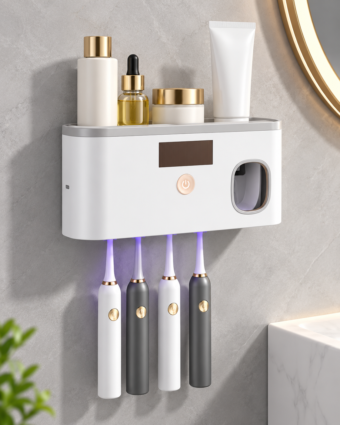 White wall-mounted bathroom organizer with toothpaste dispenser and top shelf