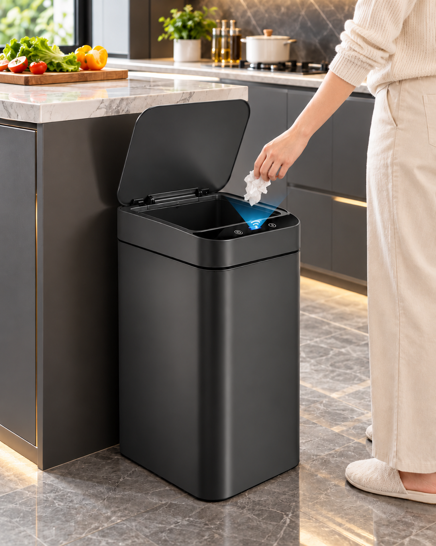 Black touchless trash can with the lid open in a modern kitchen